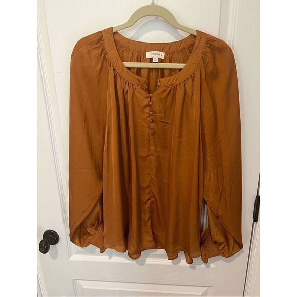 Umgee Tops - New Umgee Gold Brown Blouse with ruched sleeve detail, Button down front
